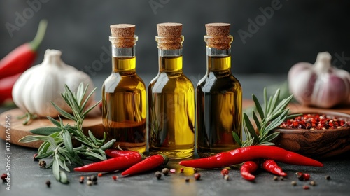 Cooking oil bottles on dark stone with herbs, garlic, and peppers photo