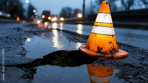 A safety cone placed around a pothole to alert pedestrians and drivers photo