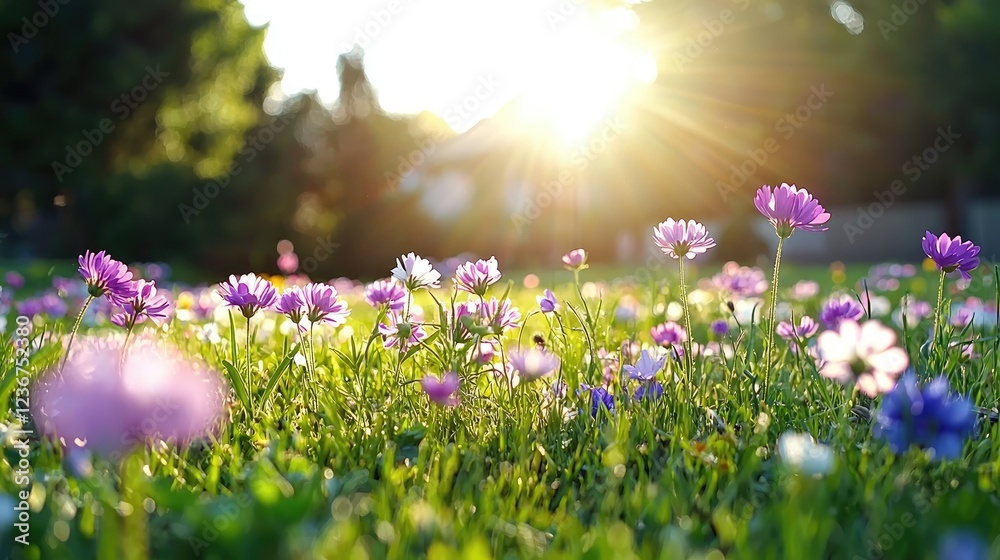 Fototapeta premium Sunset wildflowers meadow, garden, summer, nature, background, spring