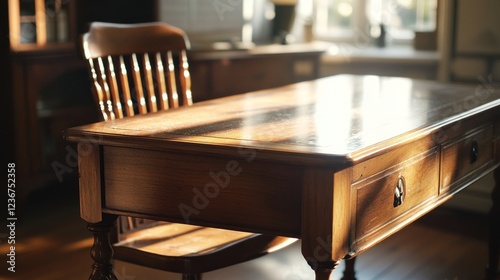 Sunlit Wooden Desk and Chair in a Room