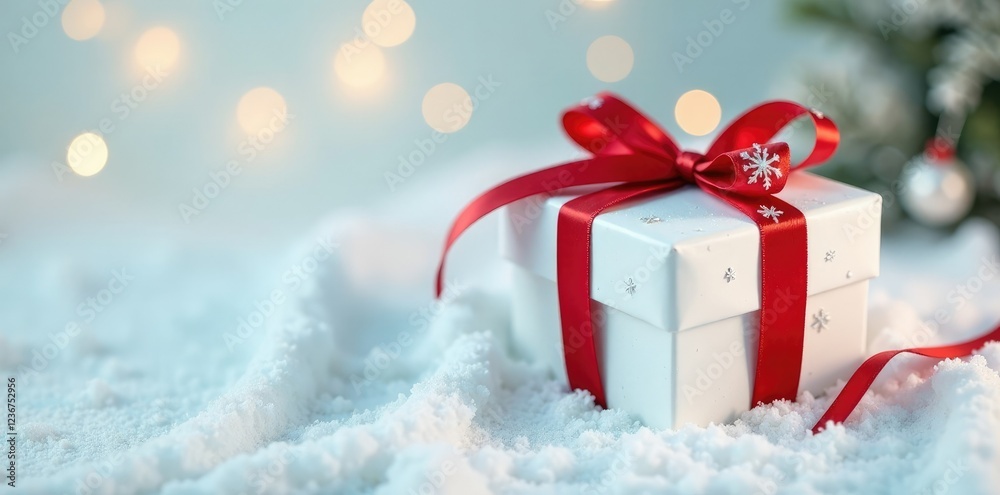 Delicate white gift box wrapped in red ribbon and adorned with snowflakes, white, ribbon, holiday Delicate white gift box wrapped in red ribbon and adorned with snowflakes, white, ribbon, holiday