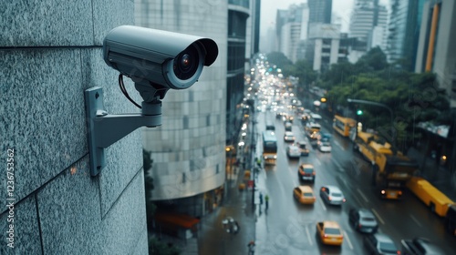 A surveillance camera mounted on a building wall, monitoring a busy street