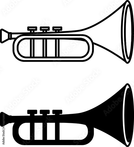 Trumpet Icons. Black and White Vector Icons. High-pitched Musical Instrument. Brazilian Carnival Concept