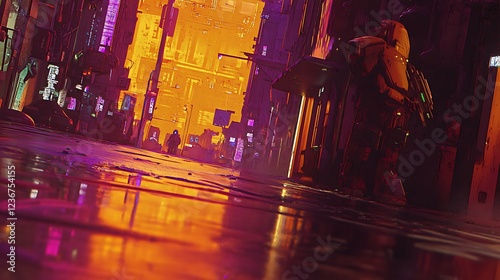 Cyberpunk Cityscape Night Rain Robot Figure photo