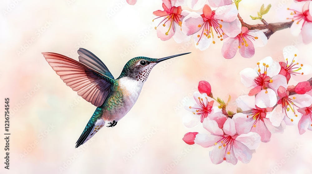 Fototapeta premium Hummingbird Hovering Near Bright Blossom in Soft Background