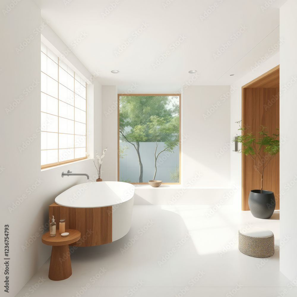 Fototapeta premium Japanese inspired decor in relaxing bathroom setting, bamboo, wellness, nature, ambiance, harmony