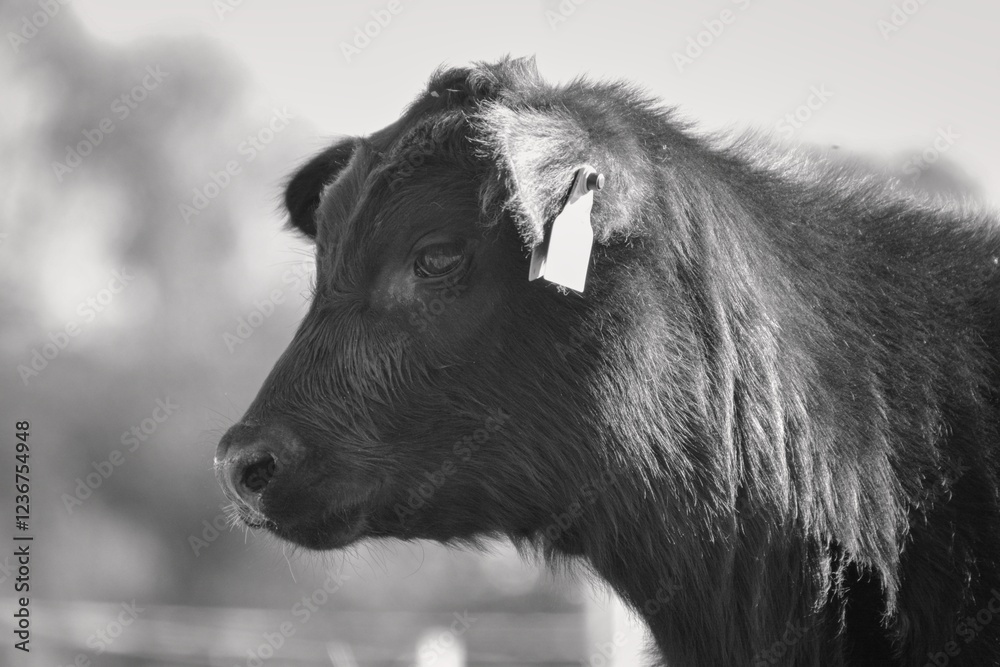 Fototapeta premium male breeding calf Aberdeen Angus in black and white