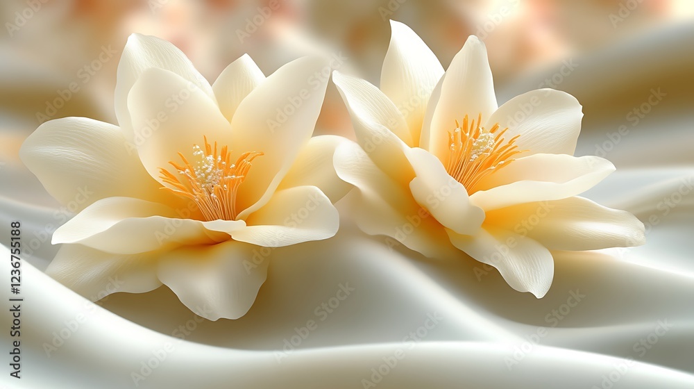 Fototapeta premium Two Delicate Cream Colored Flowers Resting on Soft Fabric