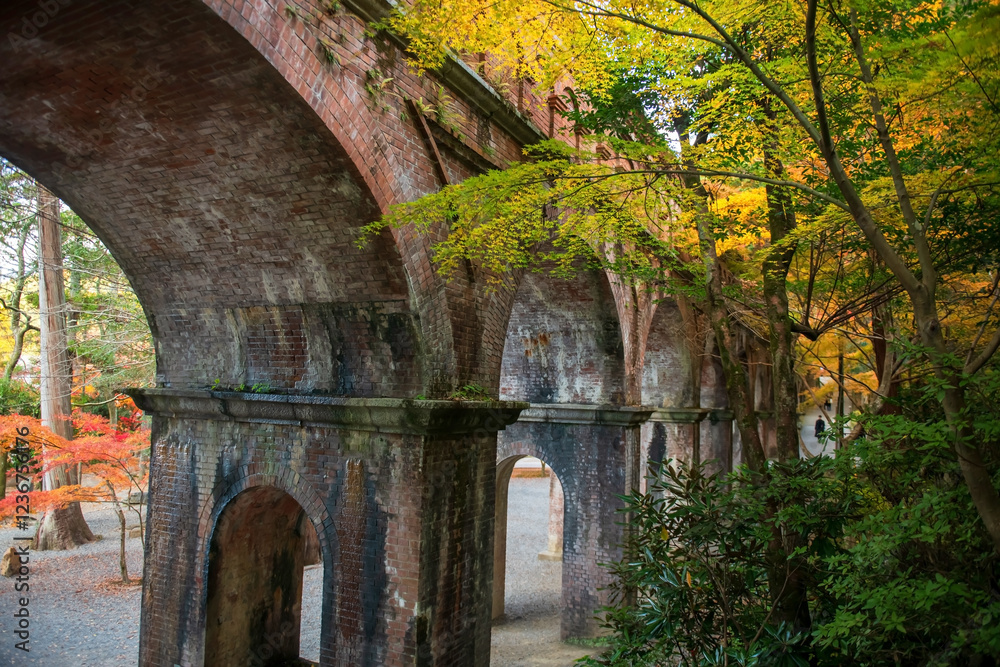Top view Nanzen-ji Temple brick aqueduct landmark in autumn, Kyoto Top view Nanzen-ji Temple brick aqueduct landmark in autumn, Kyoto