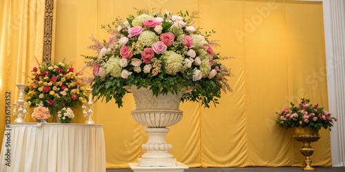 Majestic floral arrangement against a vibrant golden backdrop, design, abstract, elegant atmosphere, vibrant colors, decoration