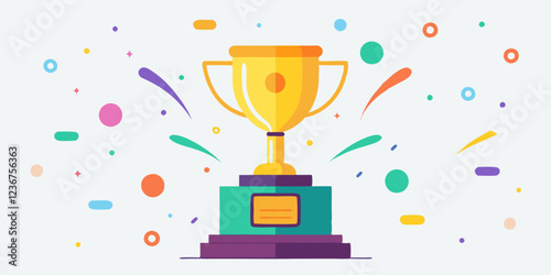 Golden trophy with confetti, award.Vector color illustration of winner cup,achievement, success, celebration, competition, winner, champion.