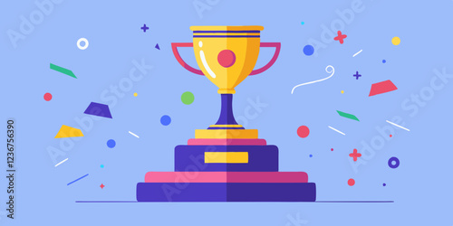 Golden trophy with confetti, award.Vector color illustration of winner cup,achievement, success, celebration, competition, winner, champion.