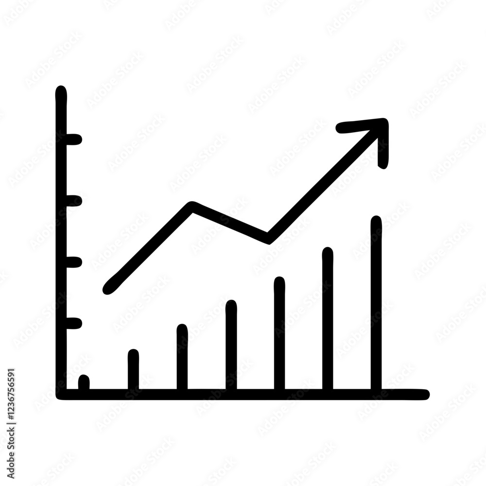 Growth chart icon, upward arrow, black outline. Progress, statistics, analysis. Use for business blogs, financial reports, UI/UX. Growth chart icon, upward arrow, black outline. Progress, statistics, analysis. Use for business blogs, financial reports, UI/UX.