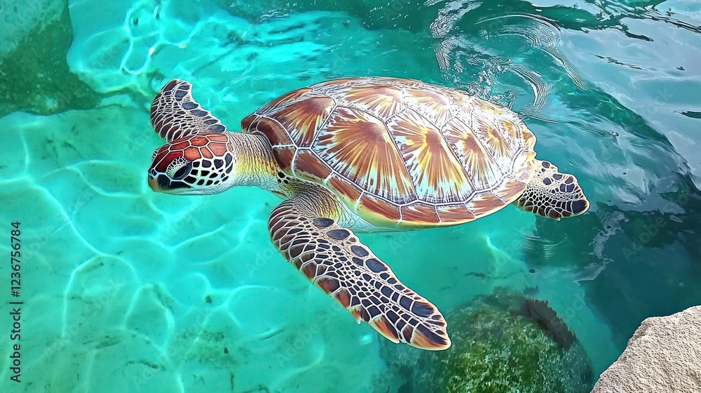 Obraz premium Majestic Sea Turtle Gracefully Swimming in Crystal Clear Waters