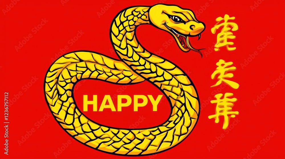 Naklejka premium Vibrant Yellow Snake on Red Background with Happy Message
