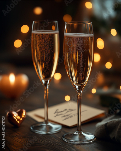 Romantic Champagne Toast: Two elegant champagne flutes filled to the brim, stand on a dark wooden surface. Warm candlelight and bokeh lights create a romantic ambiance.