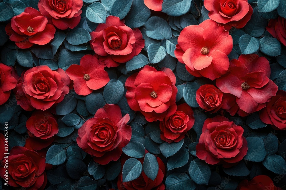 Naklejka premium Wall of Red Roses: Valentine's Day Backdrop