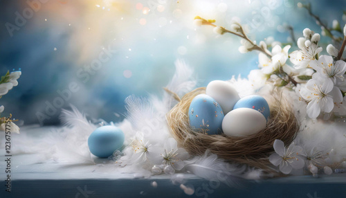 Kartka wielkanocna, niebieskie tło wielkanocne, pisanki, puste miejsce na tekst, życzenia Wesołych Świąt Wielkanocnych	