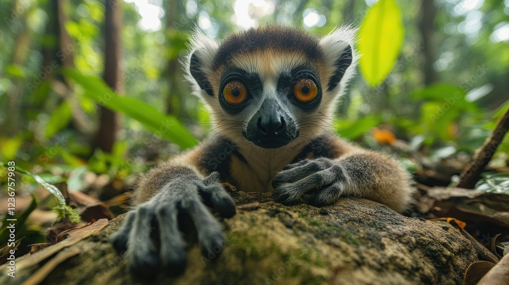 Obraz premium Curious lemur peering from jungle undergrowth