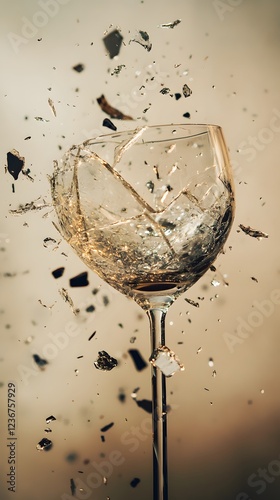 94. A dynamic shot of a glass breaking with sharp shards floating in front of a soft neutral backdrop