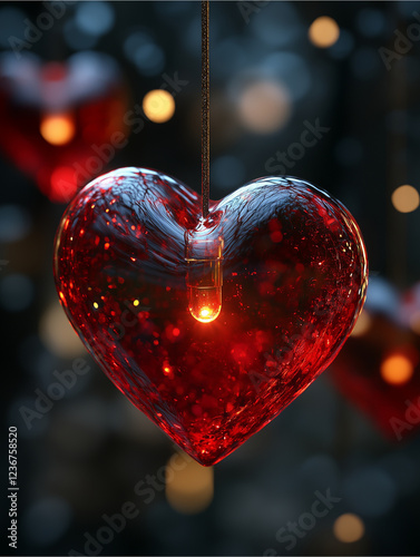 Glowing Heart Ornament: A luminous red glass heart ornament hangs delicately, emitting a warm, inviting glow.  The bokeh background hints at a festive atmosphere.