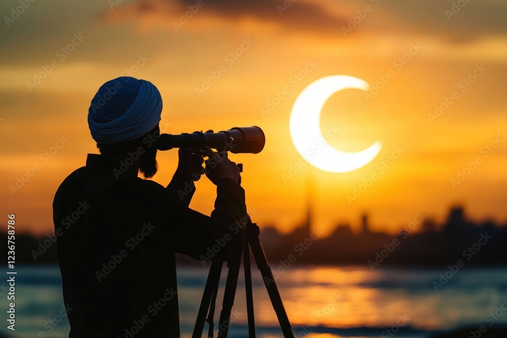 Fototapeta premium a muslim man using a telescope to observe the crescent moon