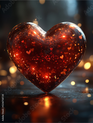 Glowing Heart: A mesmerizing 3D render of a luminous red heart, filled with sparkling particles and surrounded by warm, ambient lights, evokes feelings of love, warmth, and passion. 