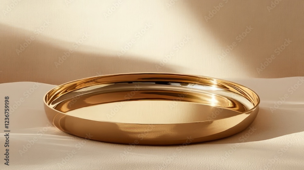A reflective gold tray with a rounded cloche, placed on a light sand-colored background A reflective gold tray with a rounded cloche, placed on a light sand-colored background