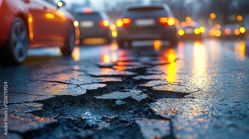 Damaged road surface, city street at night, rainy weather, repair needed