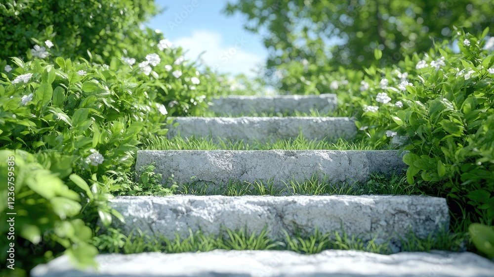 Stone steps leading upward through lush greenery Stone steps leading upward through lush greenery