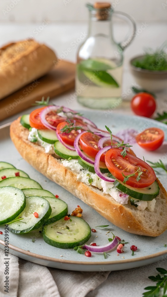Fresh feta cheese baguette with cucumber, onions and tomatoes High resolution photo Fresh feta cheese baguette with cucumber, onions and tomatoes High resolution photo