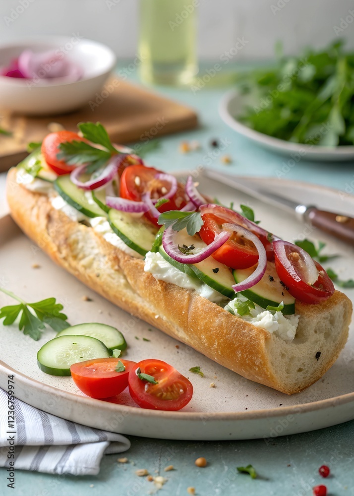 Fresh feta cheese baguette with cucumber, onions and tomatoes High resolution photo Fresh feta cheese baguette with cucumber, onions and tomatoes High resolution photo