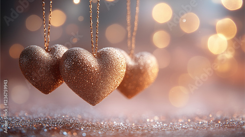 Golden Hearts of Love: Three gleaming gold hearts, strung together on delicate chains, shimmer in the soft glow of warm, twinkling lights. A romantic backdrop of glittering bokeh.