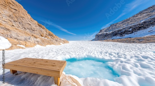 Arctic winter lake, wooden platform, snow, mountains, scenic view, travel photography photo