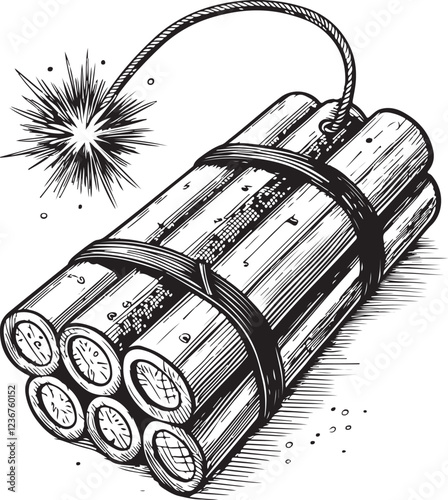 Dynamite Bomb Explosion Sketch Drawing Linear Line Art Engraving Black and White Vector Illustration, Isolated