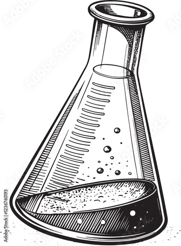 Chemistry Flask Beak Science Test Tube Study Sketch Drawing Linear Line Art Engraving Black and White Vector Illustration, Isolated