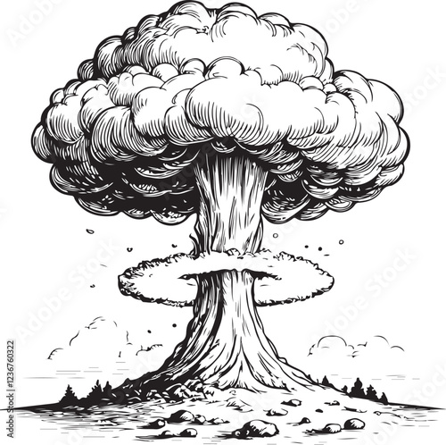 Nuclear Bomb Mushroom War Explosion Sketch Drawing Linear Line Art Engraving Black and White Vector Illustration, Isolated