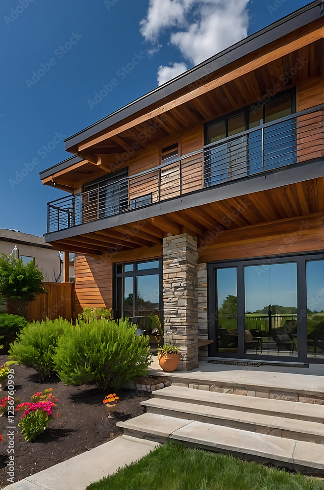 Obraz premium Modern Luxury House Exterior: Contemporary Home Design with Stunning Balcony and Landscaping