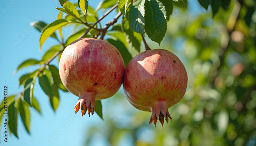 Ripe pomegranates hanging on tree branch against blue sky background Ripe pomegranates hanging on tree branch against blue sky background