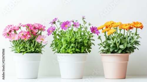 Wallpaper Mural Colorful potted flowers arranged in three pots showcasing vibrant blooms in a bright, minimalistic setting Torontodigital.ca