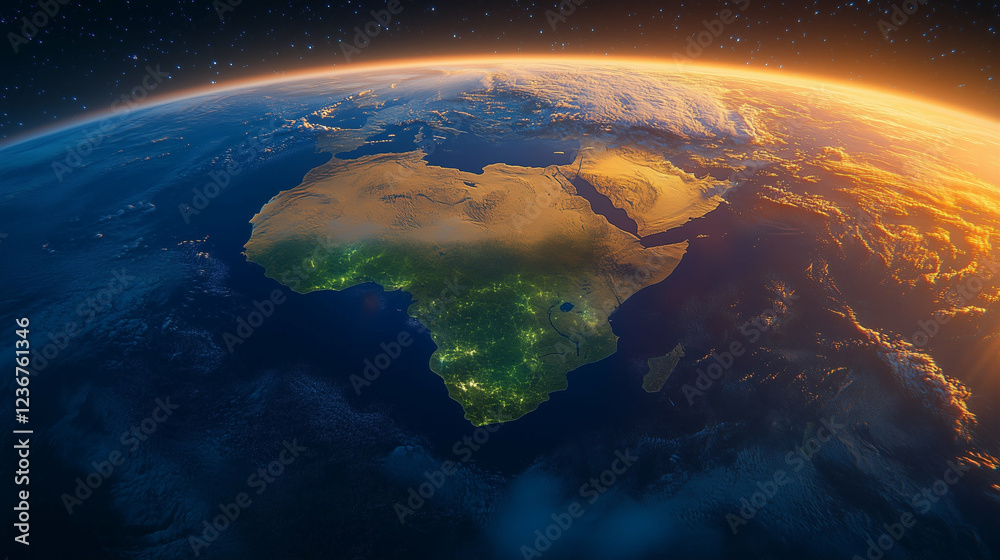 Earth view of continent Africa from space with sunrise. Continental landscape of Africa with city lights at night Earth view of continent Africa from space with sunrise. Continental landscape of Africa with city lights at night