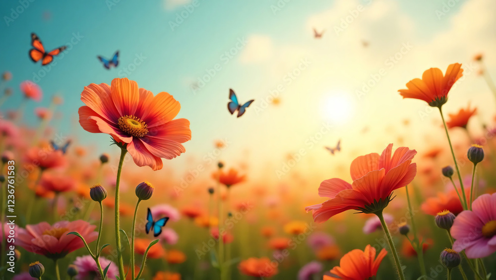 Fototapeta premium poppy flowers in the meadow with butterfly 
