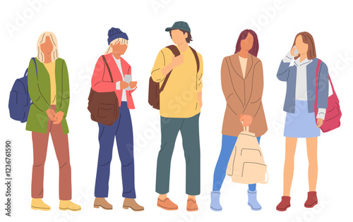  Group man and women standing with backpacks,  profile, different colors, cartoon character, silhouettes people, vacation clothes; flat icon design concept,  vector, isolated on white