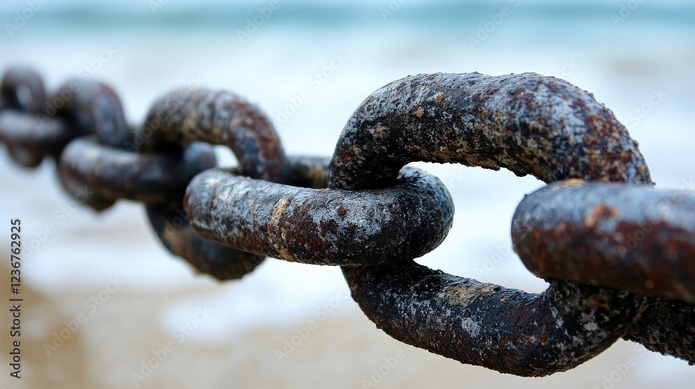 Close-Up View of a Rusty Iron Chain Linked Together on a Beach with Ocean Waves in the Background Capturing the Essence of Time and Nature's Elements Close-Up View of a Rusty Iron Chain Linked Together on a Beach with Ocean Waves in the Background Capturing the Essence of Time and Nature's Elements