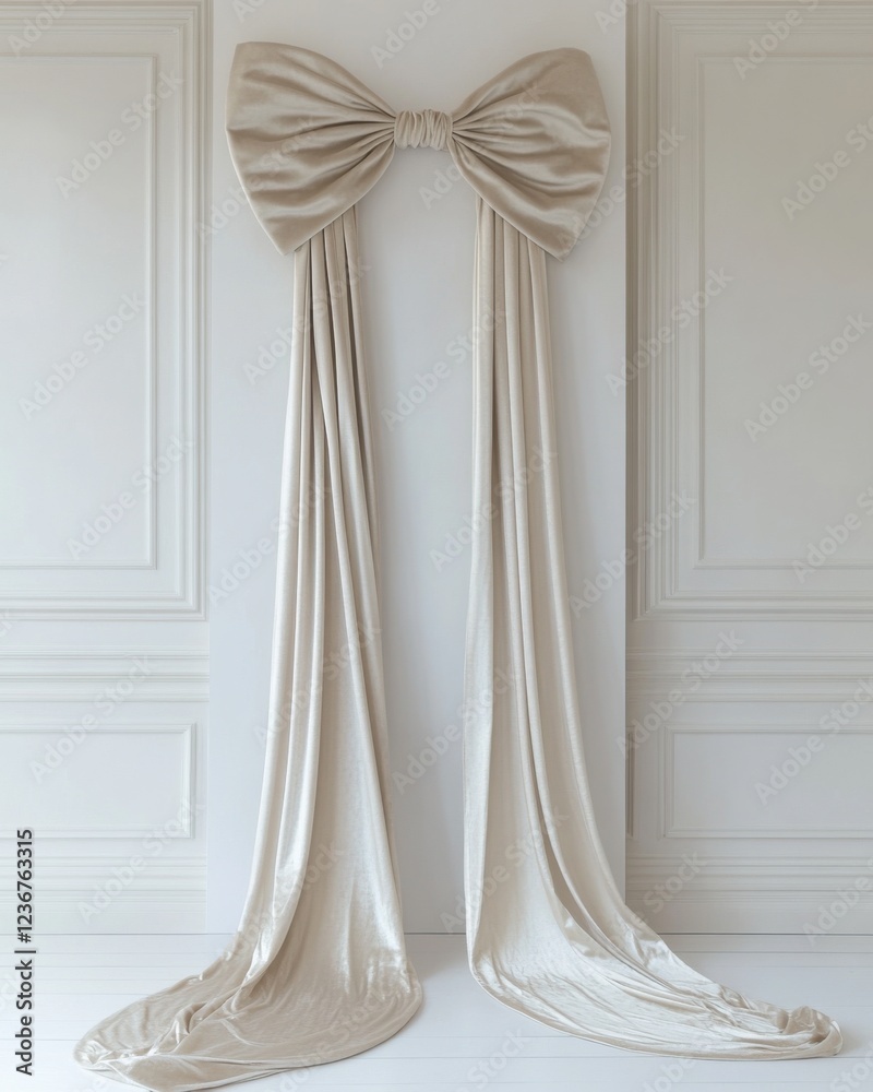 Elegant fabric bow decoration with flowing drapes in a minimalist interior setting Elegant fabric bow decoration with flowing drapes in a minimalist interior setting