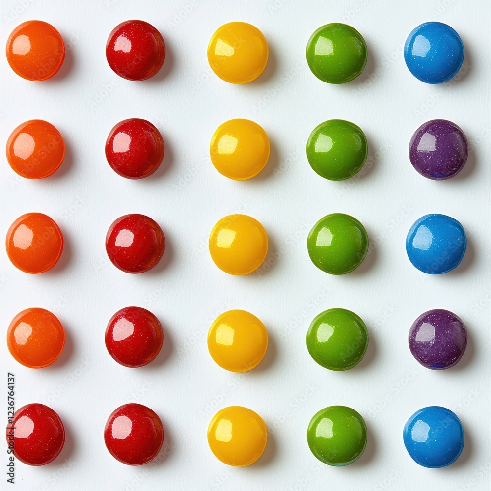 Colorful Small Candies Arranged in a Pattern on White Background Colorful Small Candies Arranged in a Pattern on White Background