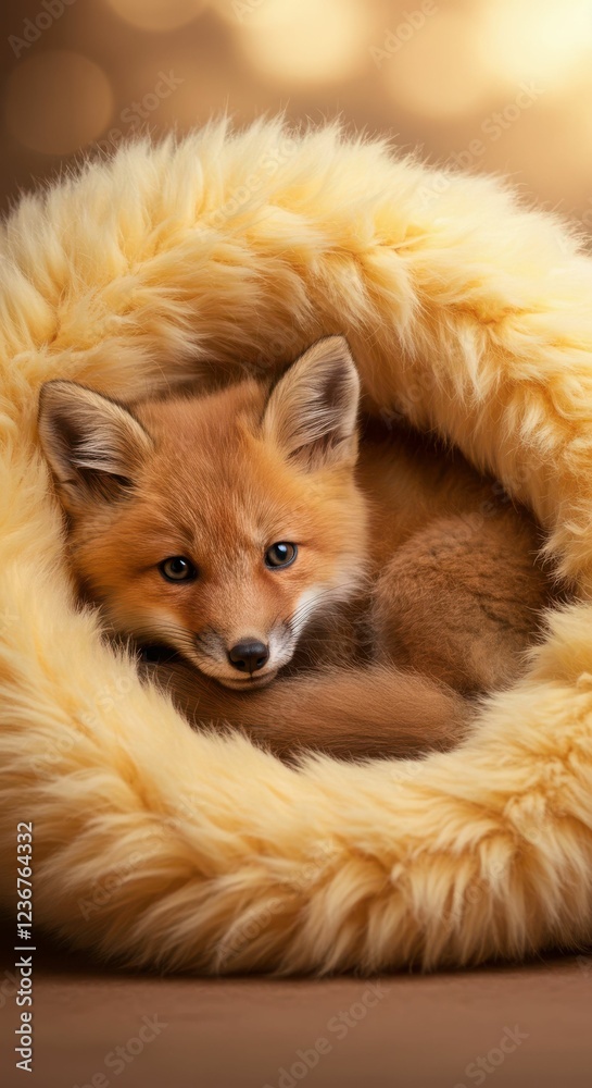 Obraz premium Cozy red fox nestled in fluffy fur with soft background lighting