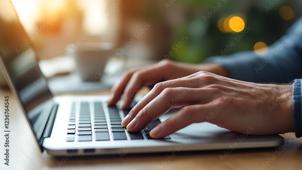 Against a blurred office scene, a close-up shot reveals a man's hands typing on a modern laptop keyboard Against a blurred office scene, a close-up shot reveals a man's hands typing on a modern laptop keyboard