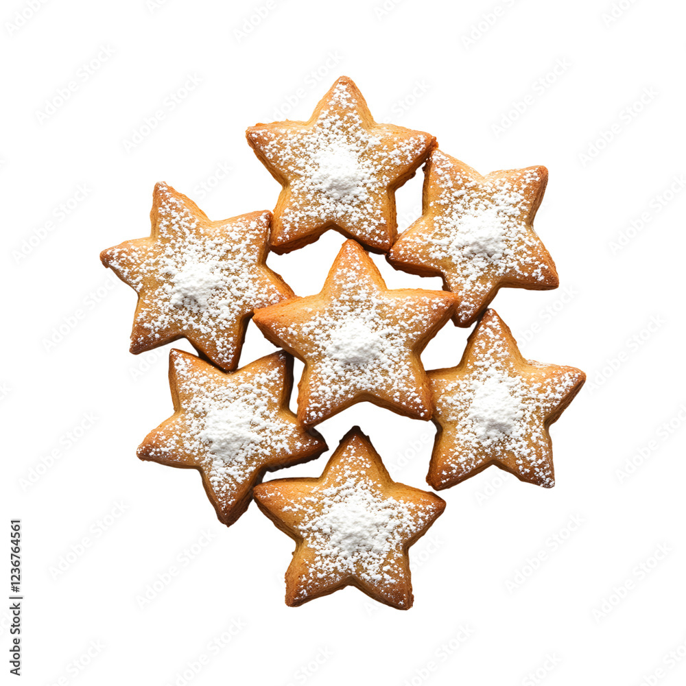 Star-Shaped Ginger Cookies with Powdered Sugar Snow Isolated on Transparent Background Star-Shaped Ginger Cookies with Powdered Sugar Snow Isolated on Transparent Background