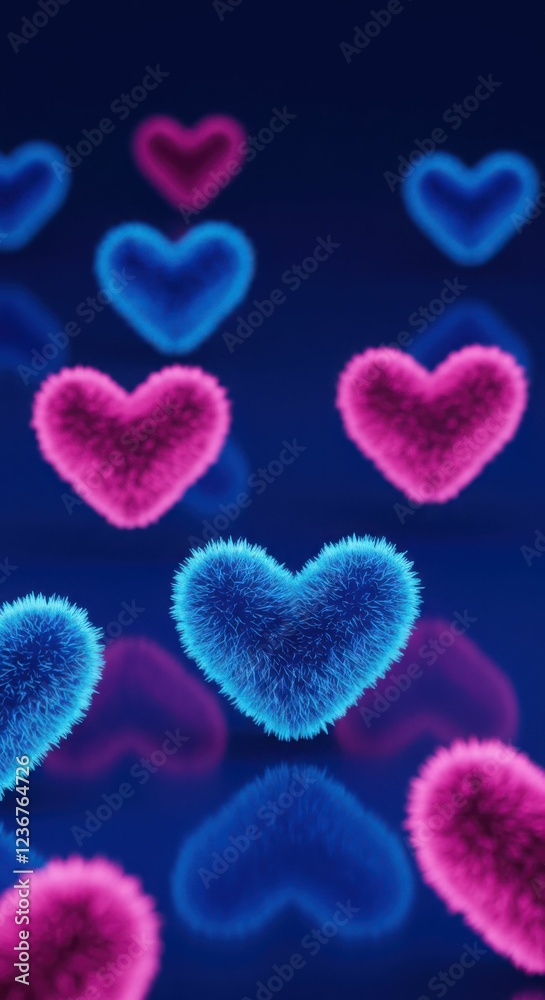 Fototapeta premium Vibrant fuzzy hearts on reflective surface in blue and pink hues